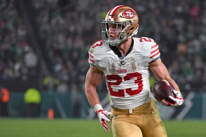 Dec 3, 2023; Philadelphia, Pennsylvania, USA; San Francisco 49ers running back Christian McCaffrey (23) makes a catch against the Philadelphia Eagles during the third quarter at Lincoln Financial Field. Mandatory Credit: Eric Hartline-USA TODAY Sports